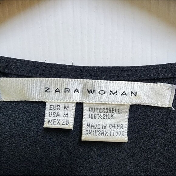 Zara Dress M Black 100% Silk V Neck Tie Back Cap Slv Midi Fitted Sheer Party - Picture 10 of 12
